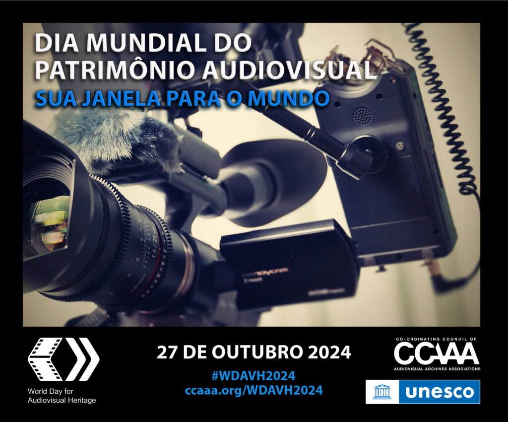 Text detailing World Day for Audiovisual Heritage 2024 over a photo of a digital video camera, microphone, and audio recorder with the World Day, UNESCO, and CCAAA logos beneath.